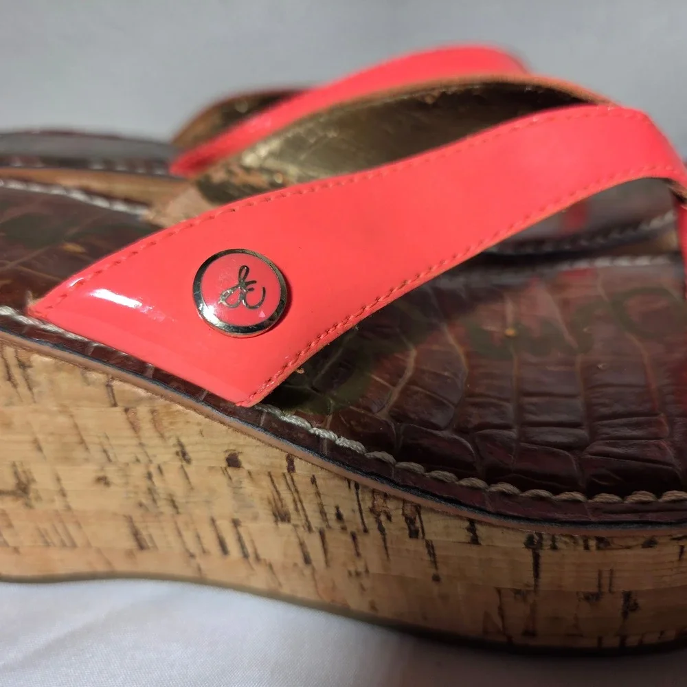 Sam Edelman Women Coral Pink Patent Cork Wedge Platform Sandals S1654 Size 6.5M